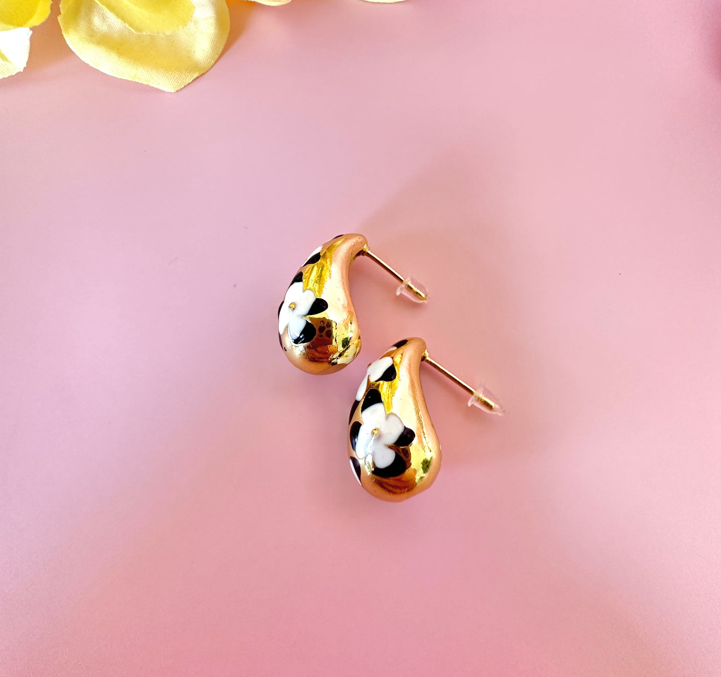 Black White painted Gold Teardrop earrings.