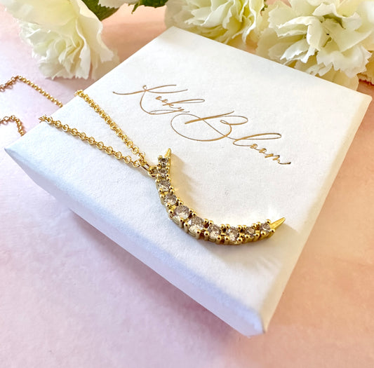 Gold Cz Long Moon Necklace.