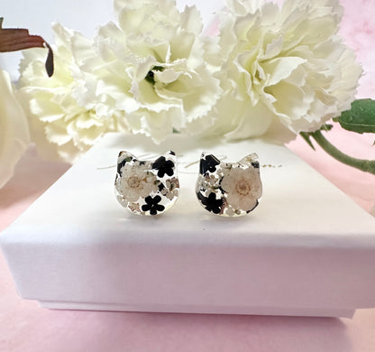 Cat real flower sterling silver stud earrings.