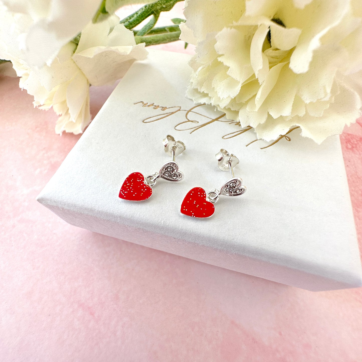 925 Sterling silver Red Diamanté Heart stud Drop earrings.