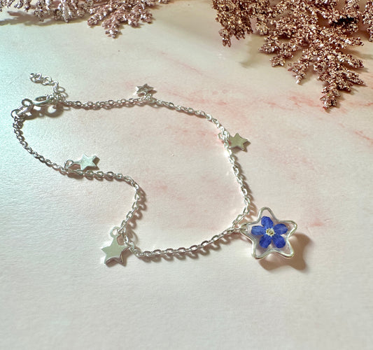 Forget me not flower Star Charm 925 sterling silver bracelet.