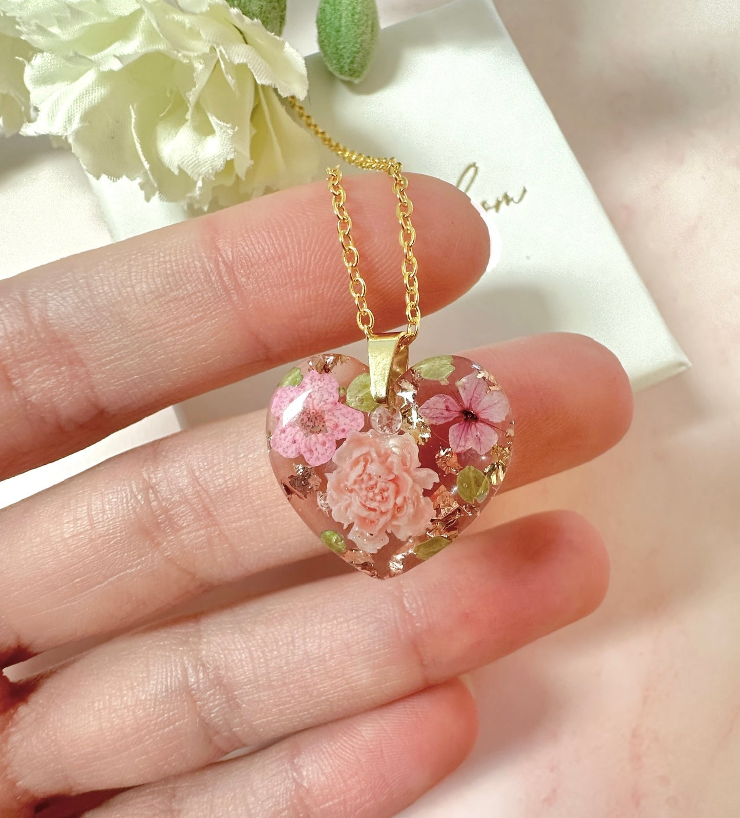 Gold Blush pink blossom heart Necklace