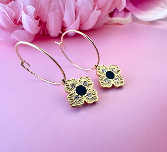 Gold Black centre Flower Hoop earrings.