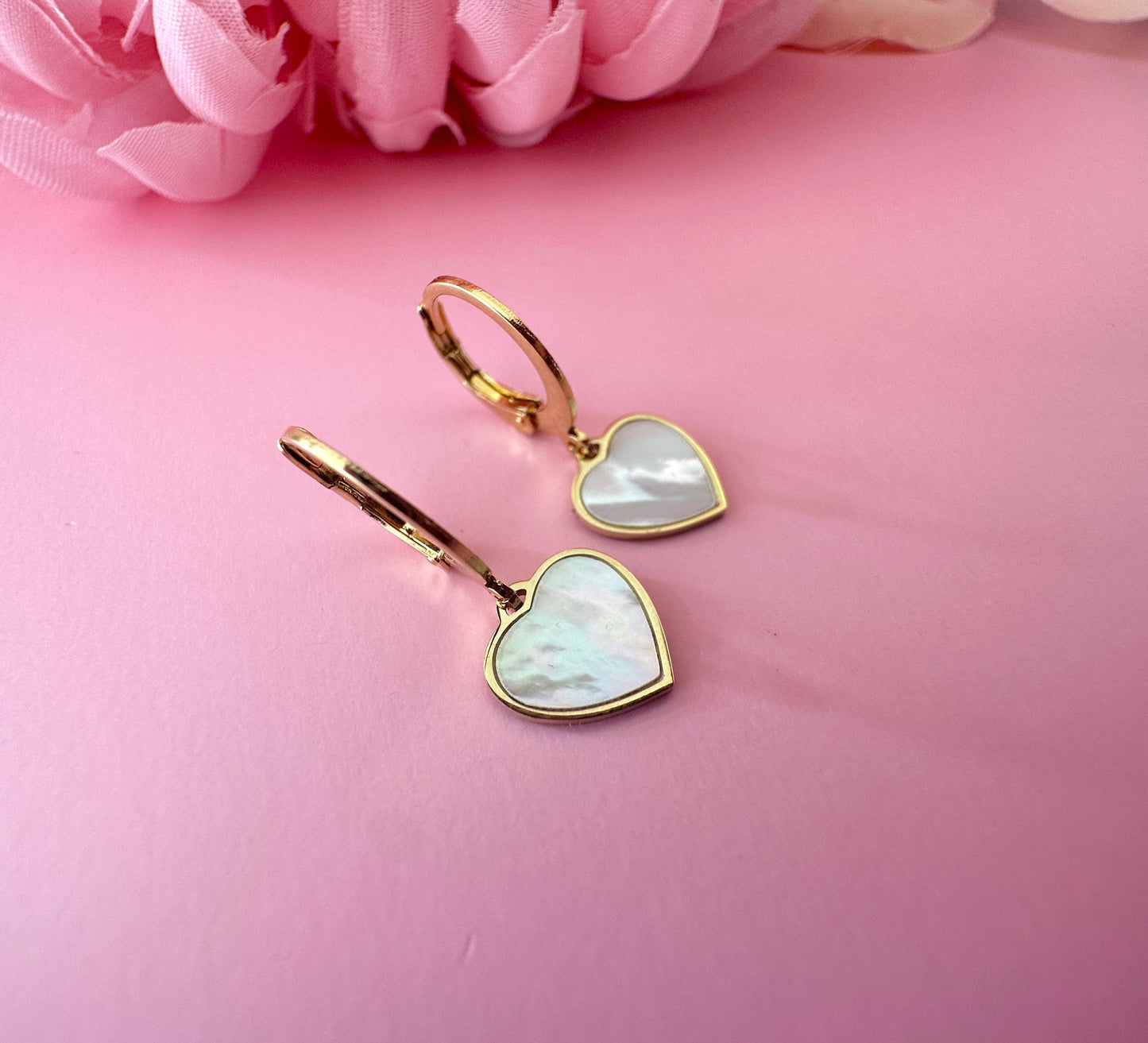 Gold Pearl Heart huggie earrings