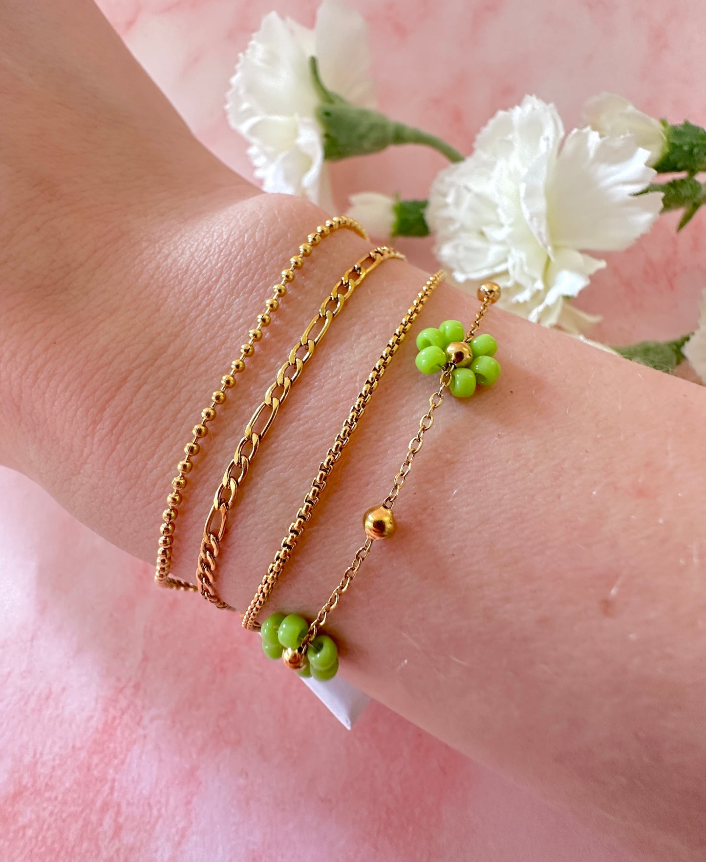 Gold & Green layered beaded Flower bracelet.