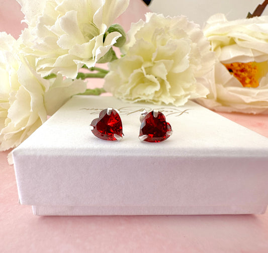 925 Sterling silver Red CZ Heart stud earrings.