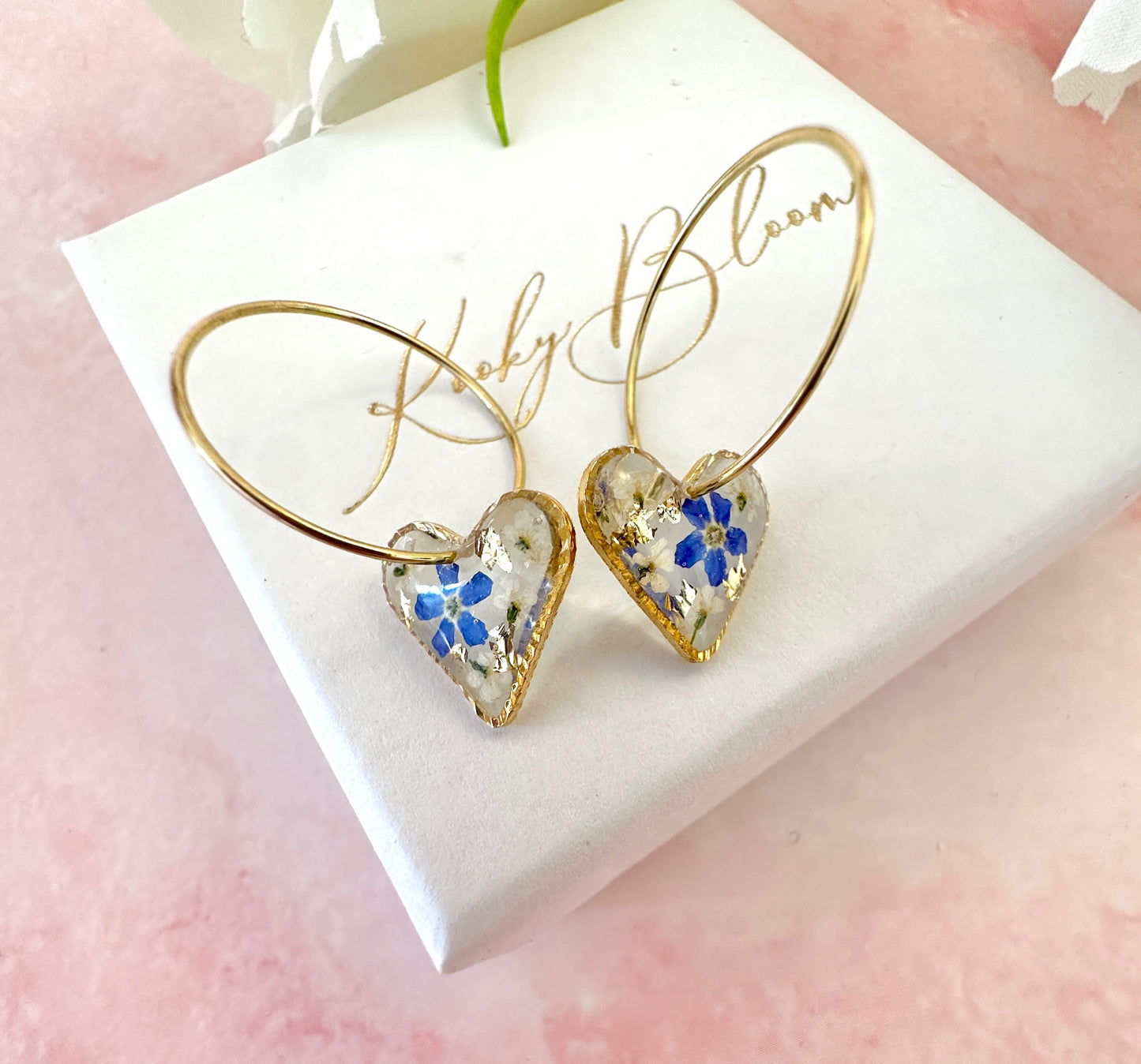 Gold forget me not flower confetti Heart hoop earrings.