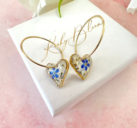 Gold forget me not flower confetti Heart hoop earrings.