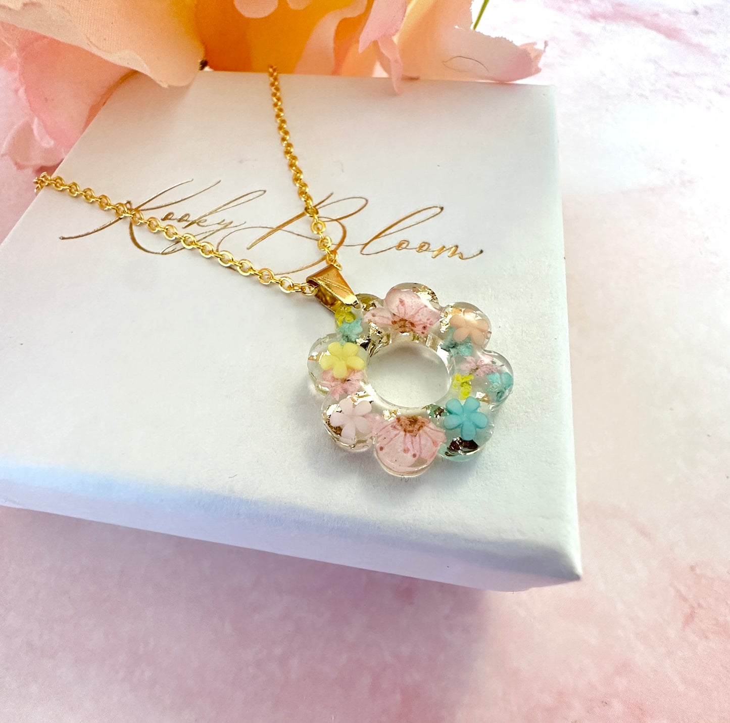 Gold Ditsy Doily pastel flower  Necklace