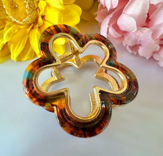 Brown Green tortoise shell Flower Gold claw hair clip.