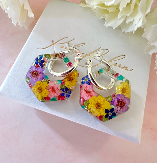 Colourful flower hexagon bloom earrings.