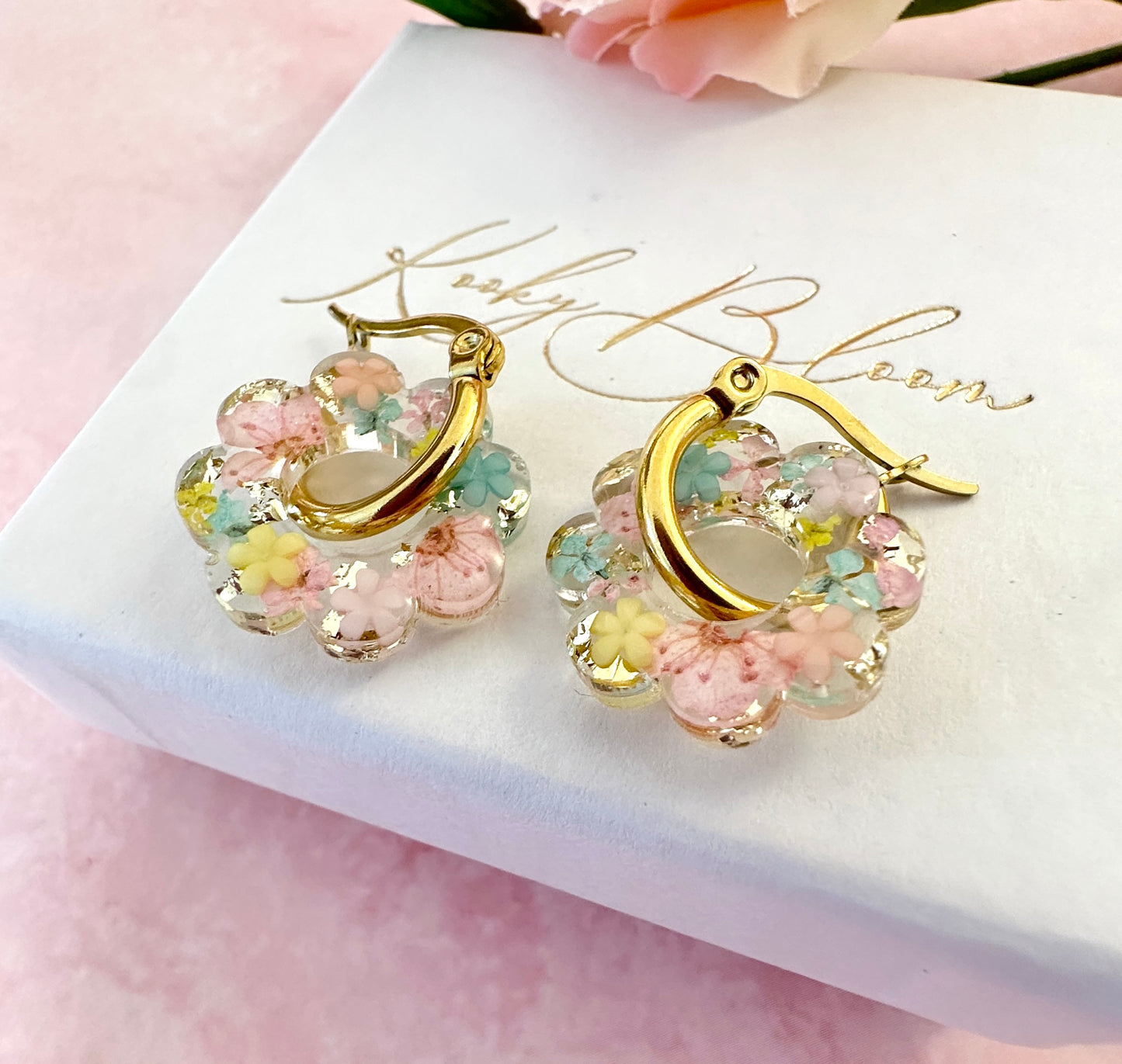 Ditsy Doily pastel Flower bloom earrings.