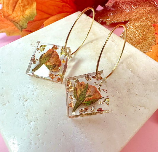 Autumn Rose flower Gold hoop earrings.