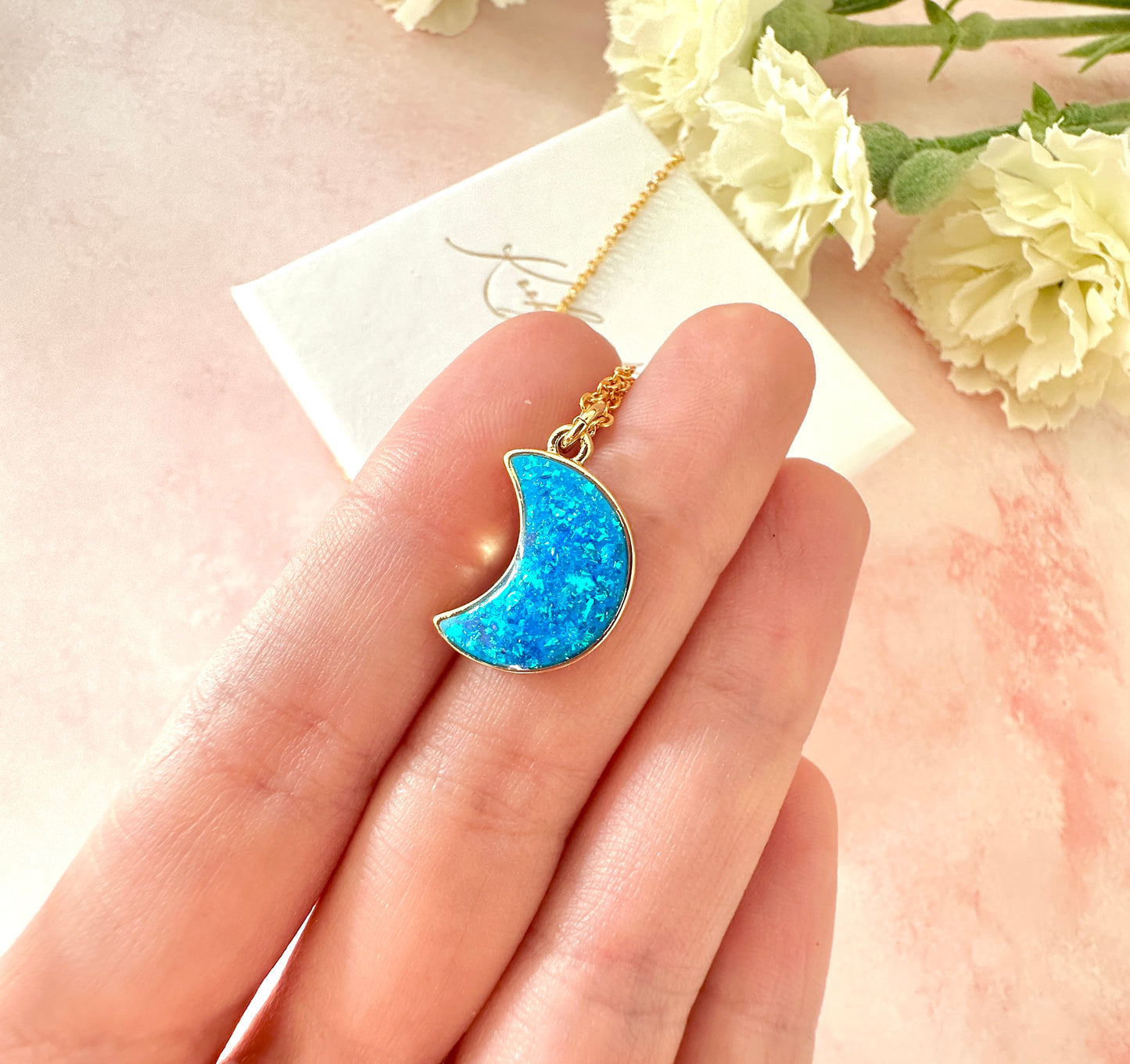 Gold Blue Opal Moon Necklace.