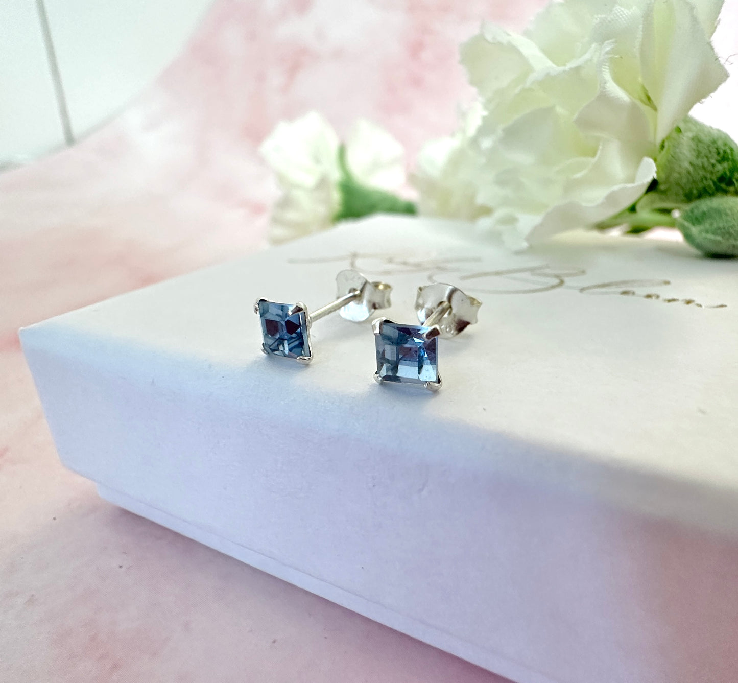 925 Sterling silver Blue Square CZ stud earrings.