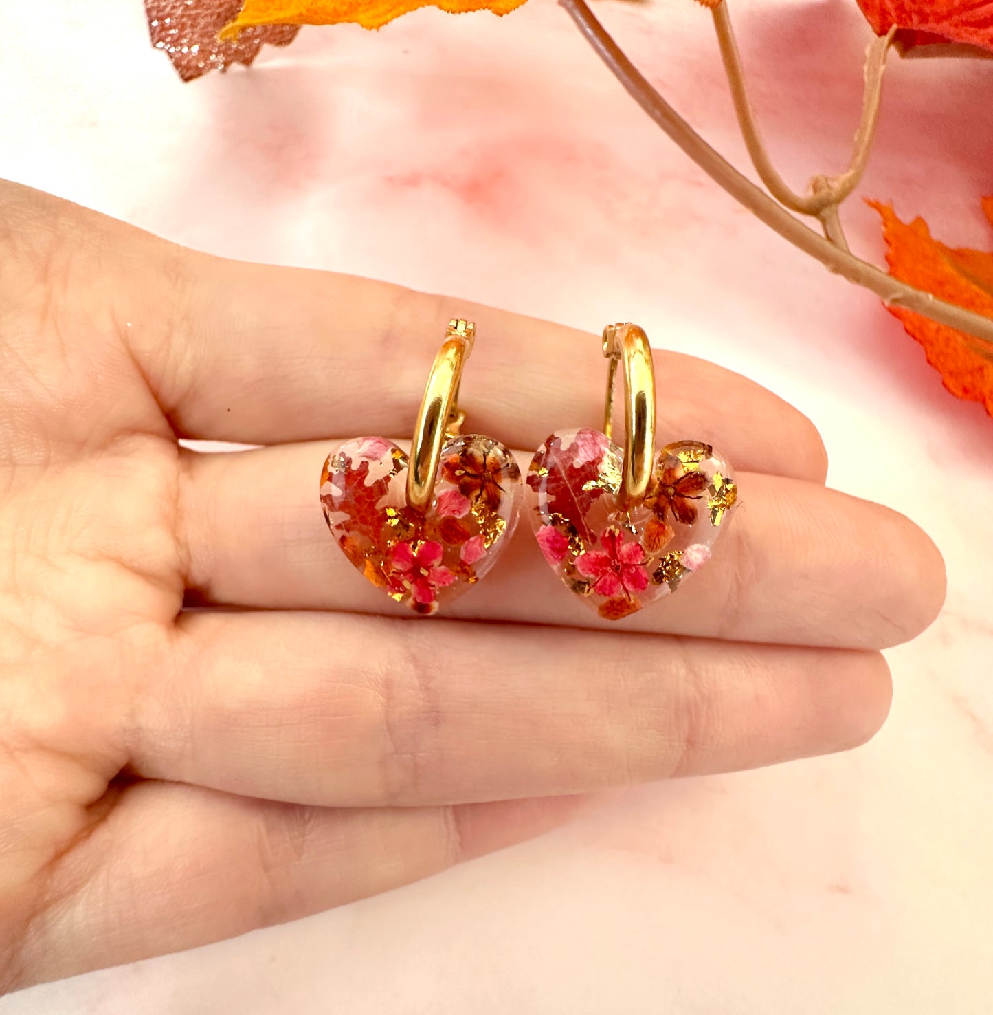 Raspberry ruffle Tiny heart hoop earrings.