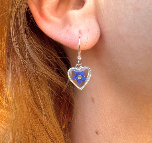 Tiny forget me not Heart huggie earrings.