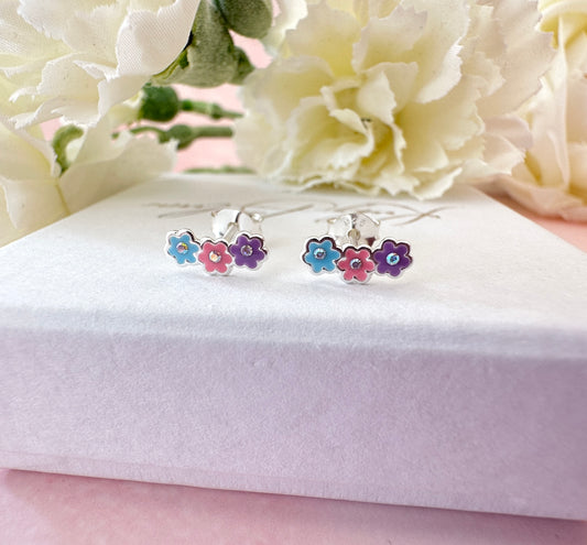 925 Sterling silver Colourful triple flower stud earrings.