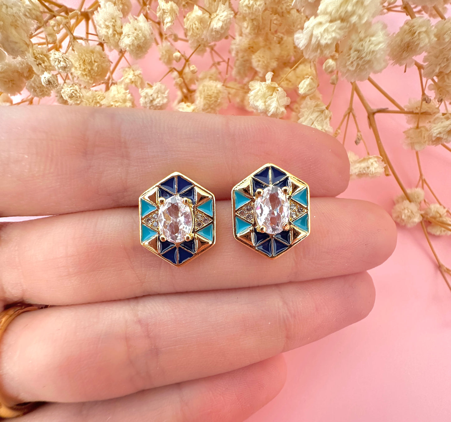 Gold Aztec Blue Diamanté stud earrings.