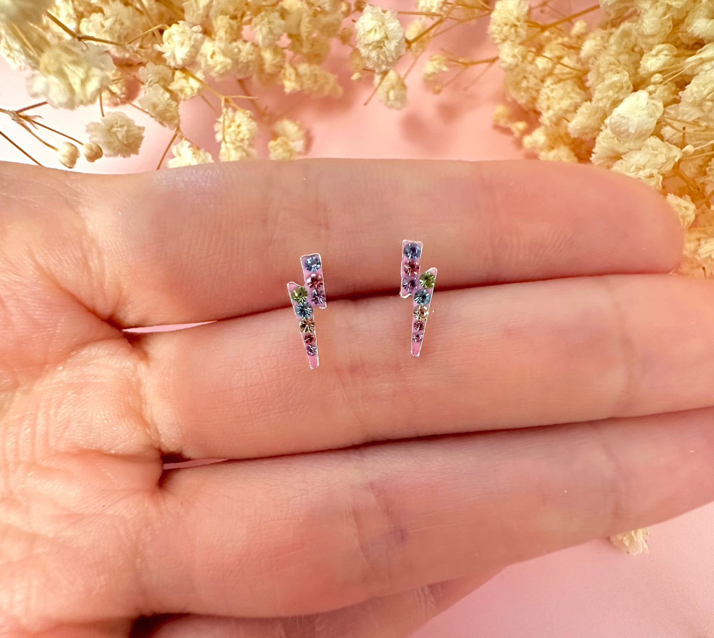 925 Sterling Pink Colourful Diamanté Lightning Bolt stud earrings.