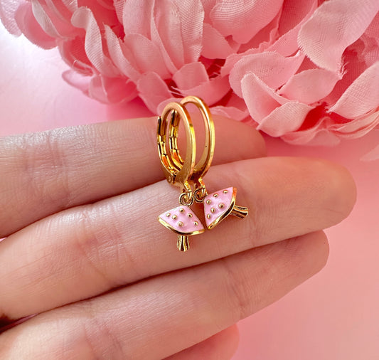 Tiny Pink Toadstool Gold huggie earrings