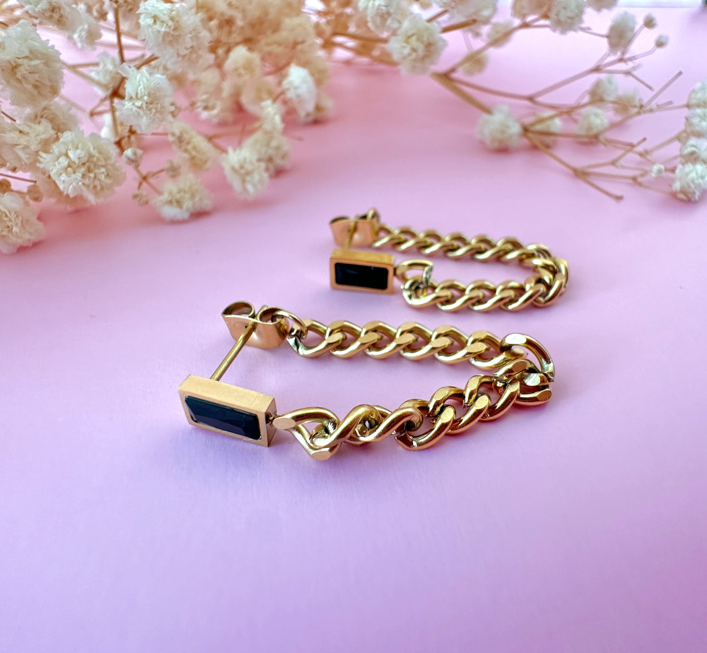 Gold Black stone Chain Loop stud earrings.