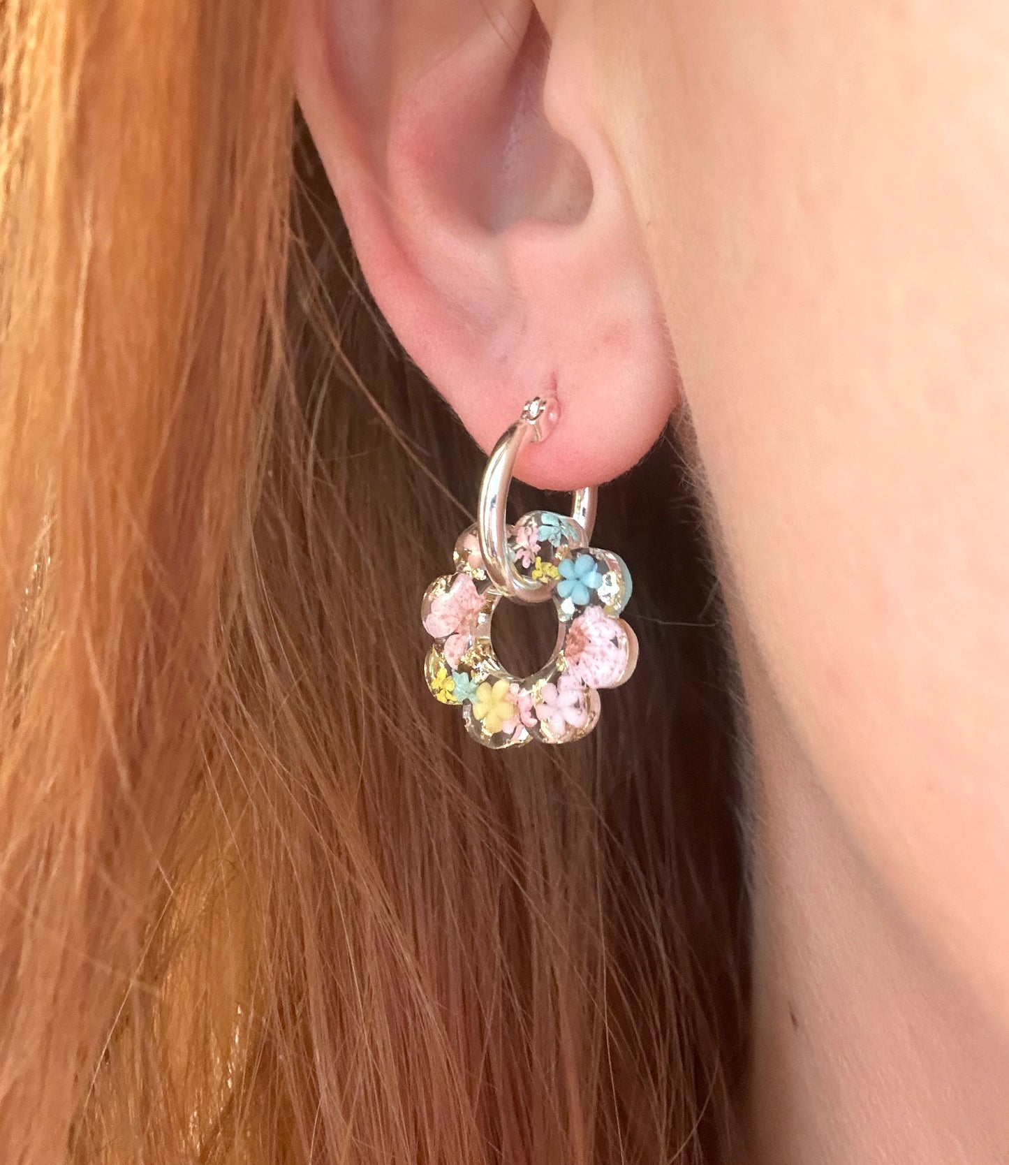 Ditsy Doily pastel Flower bloom earrings.