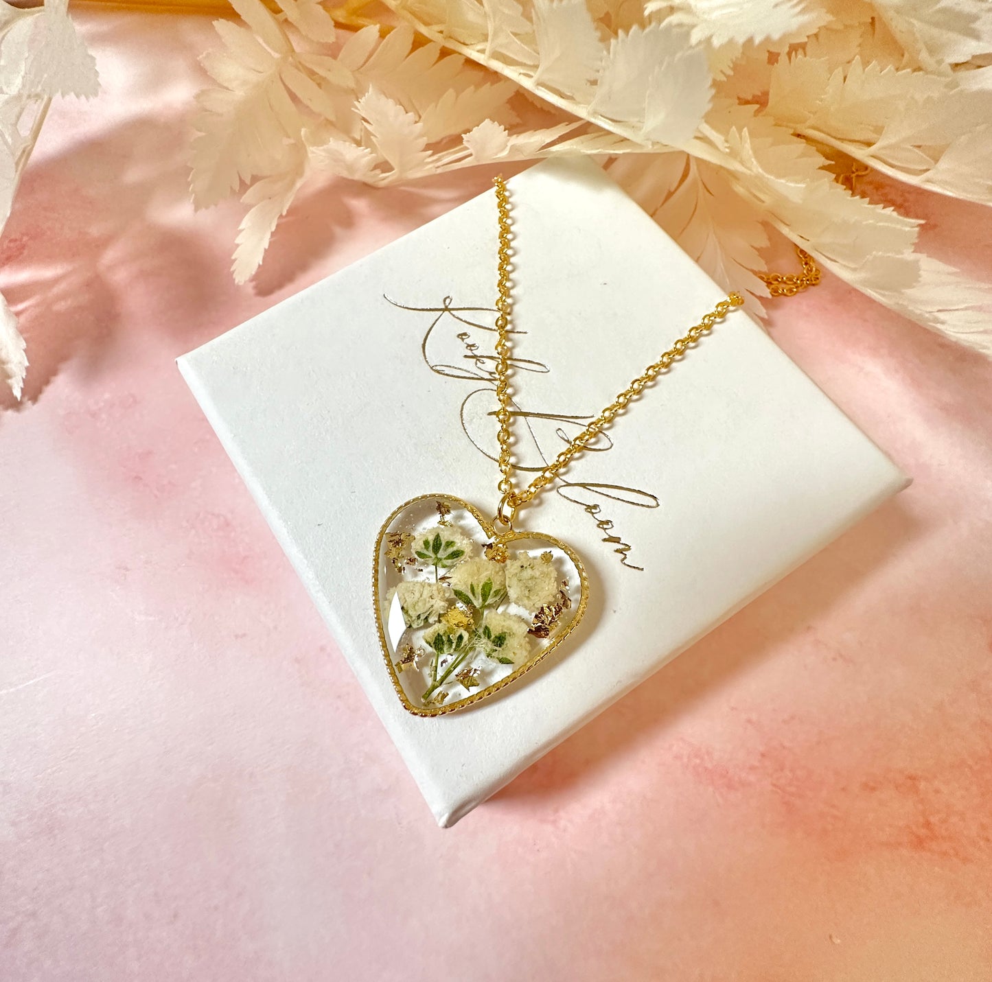 Gold Gypsophila flower Heart necklace.