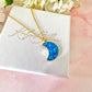 Gold Blue Opal Moon Necklace.