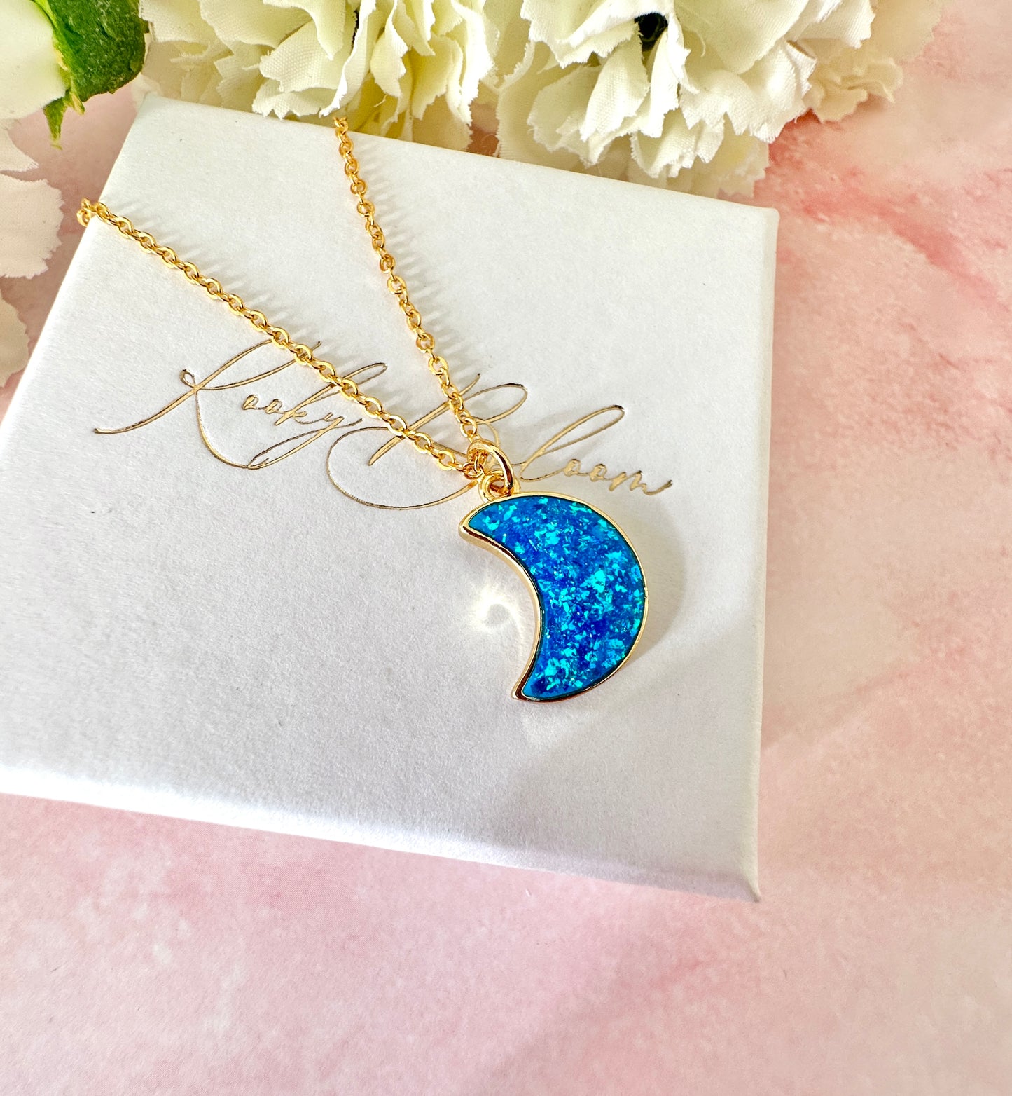 Gold Blue Opal Moon Necklace.