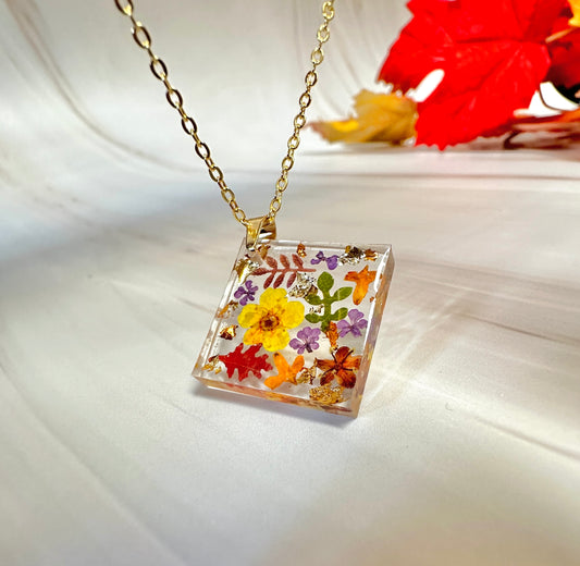 Gold Autumn flower confetti necklace.