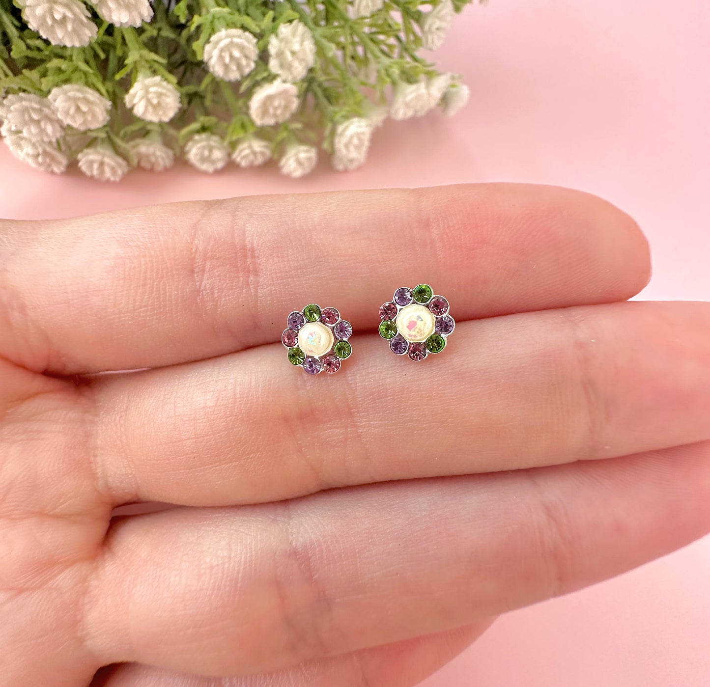 925 Sterling silver Opal diamanté flower stud earrings.