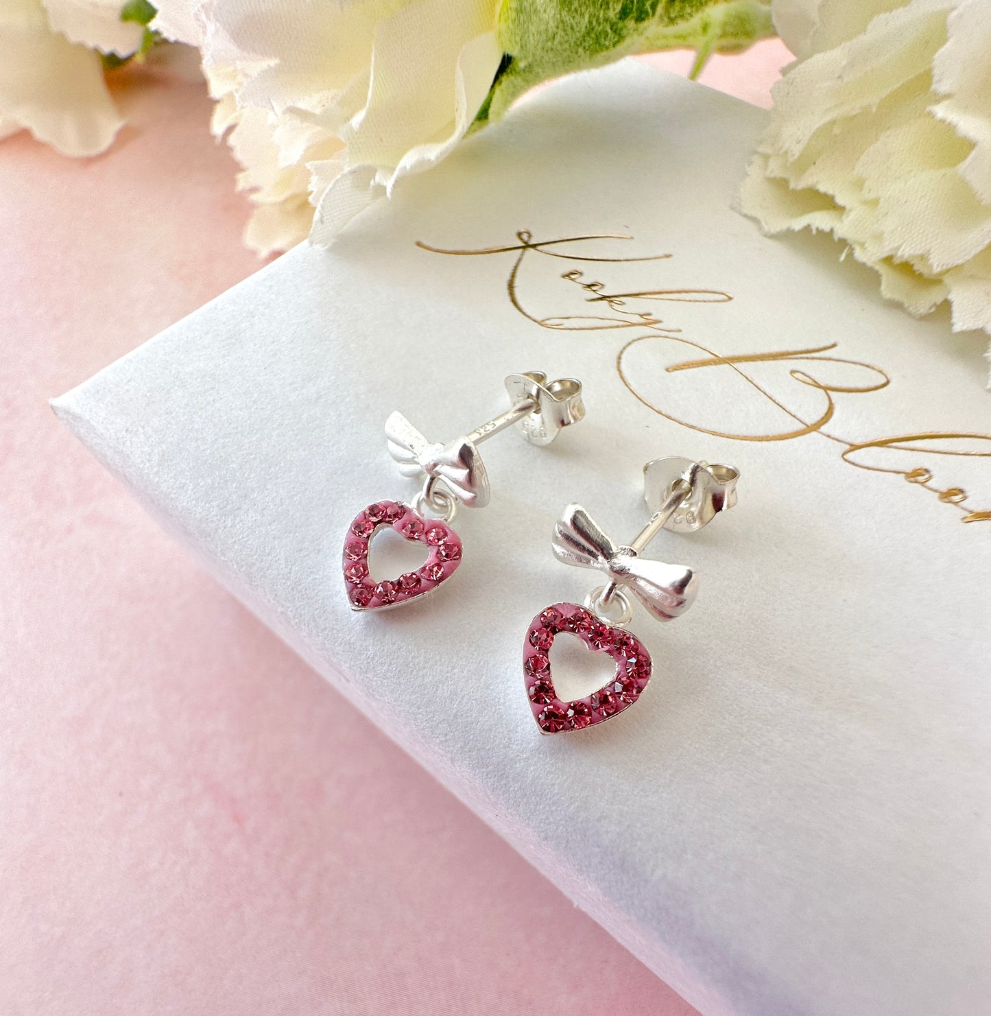 925 Sterling silver Bow Pink Heart Drop stud earrings.