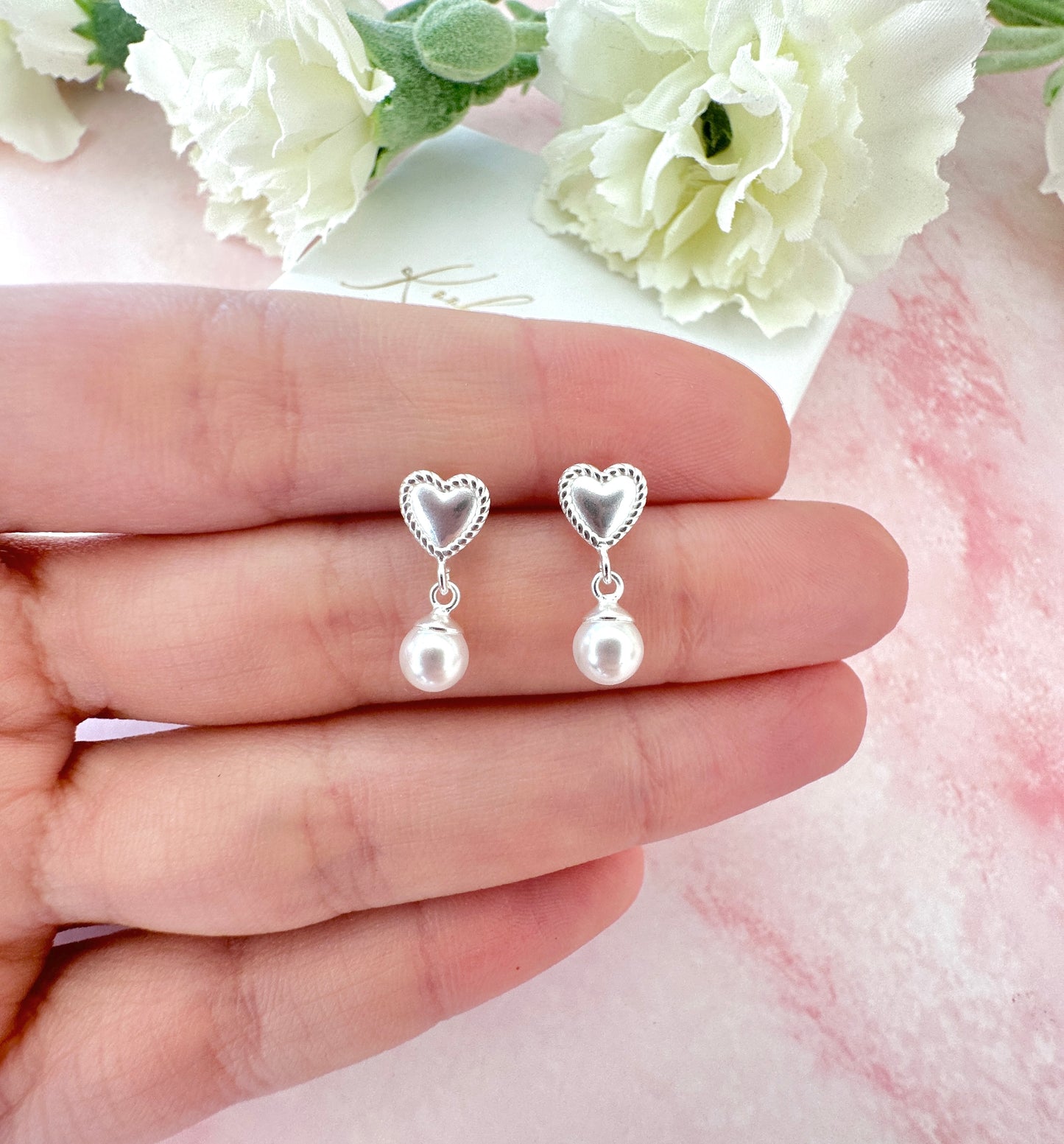 925 Sterling silver Heart Pearl Drop stud earrings.