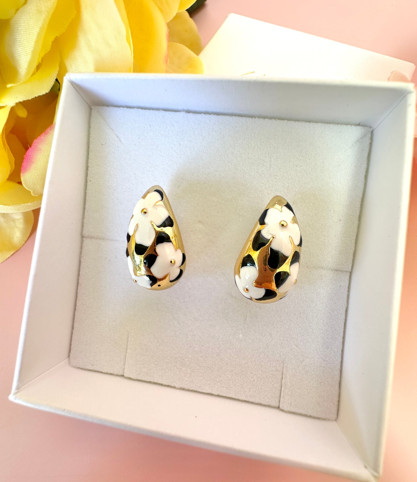 Black White painted Gold Teardrop earrings.