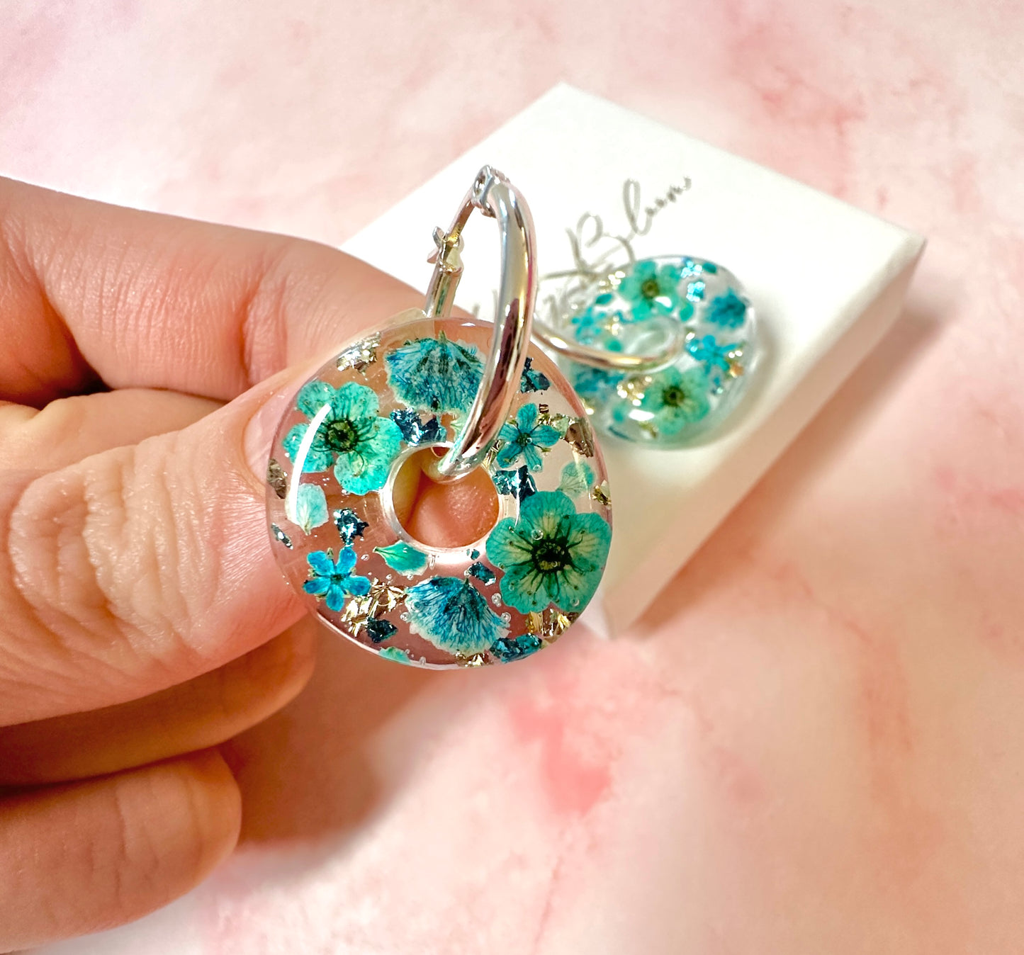 Turquoise Aqua flower bloom donut earrings.