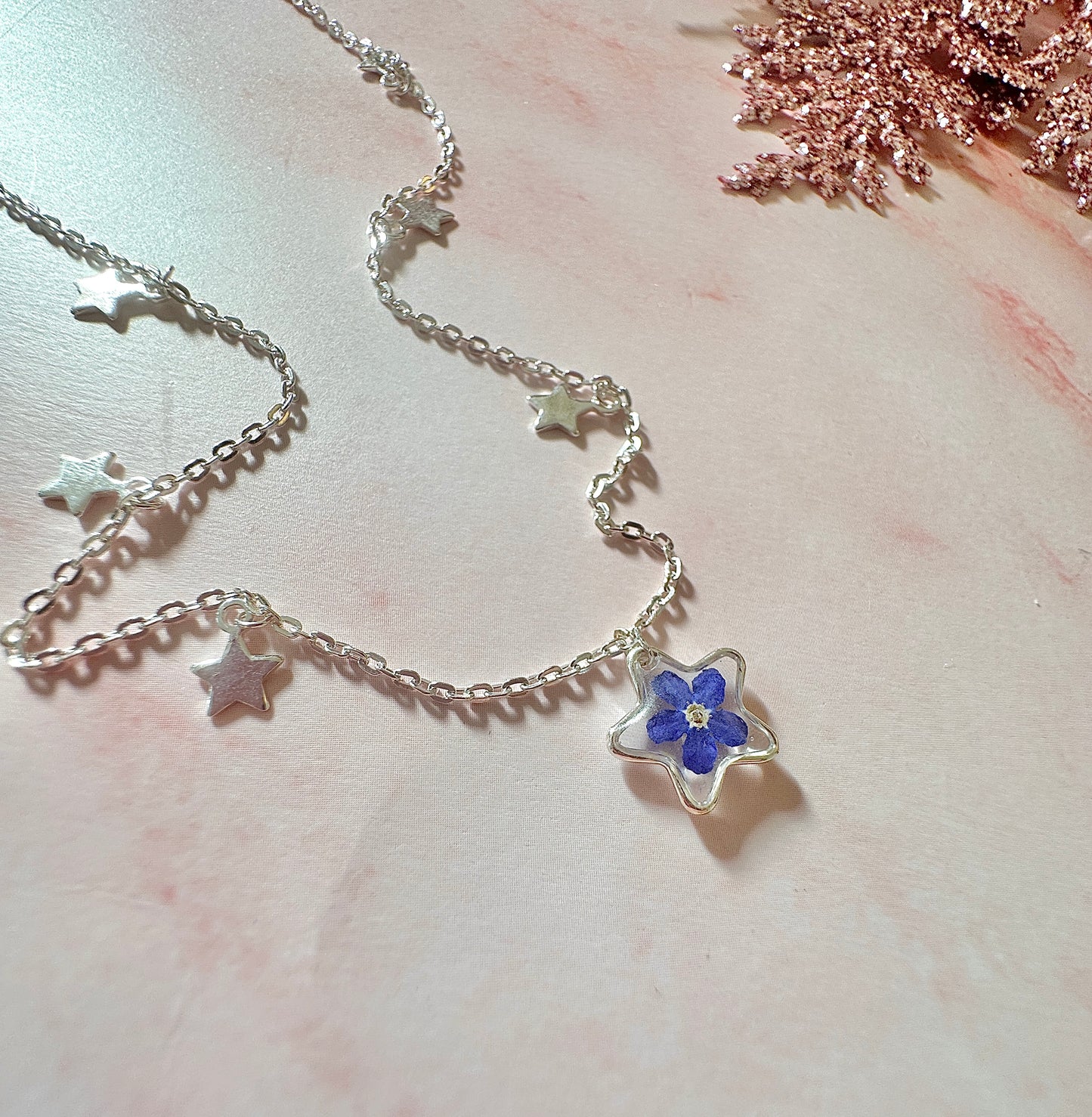 Forget me not flower Star charm 925 sterling silver necklace.