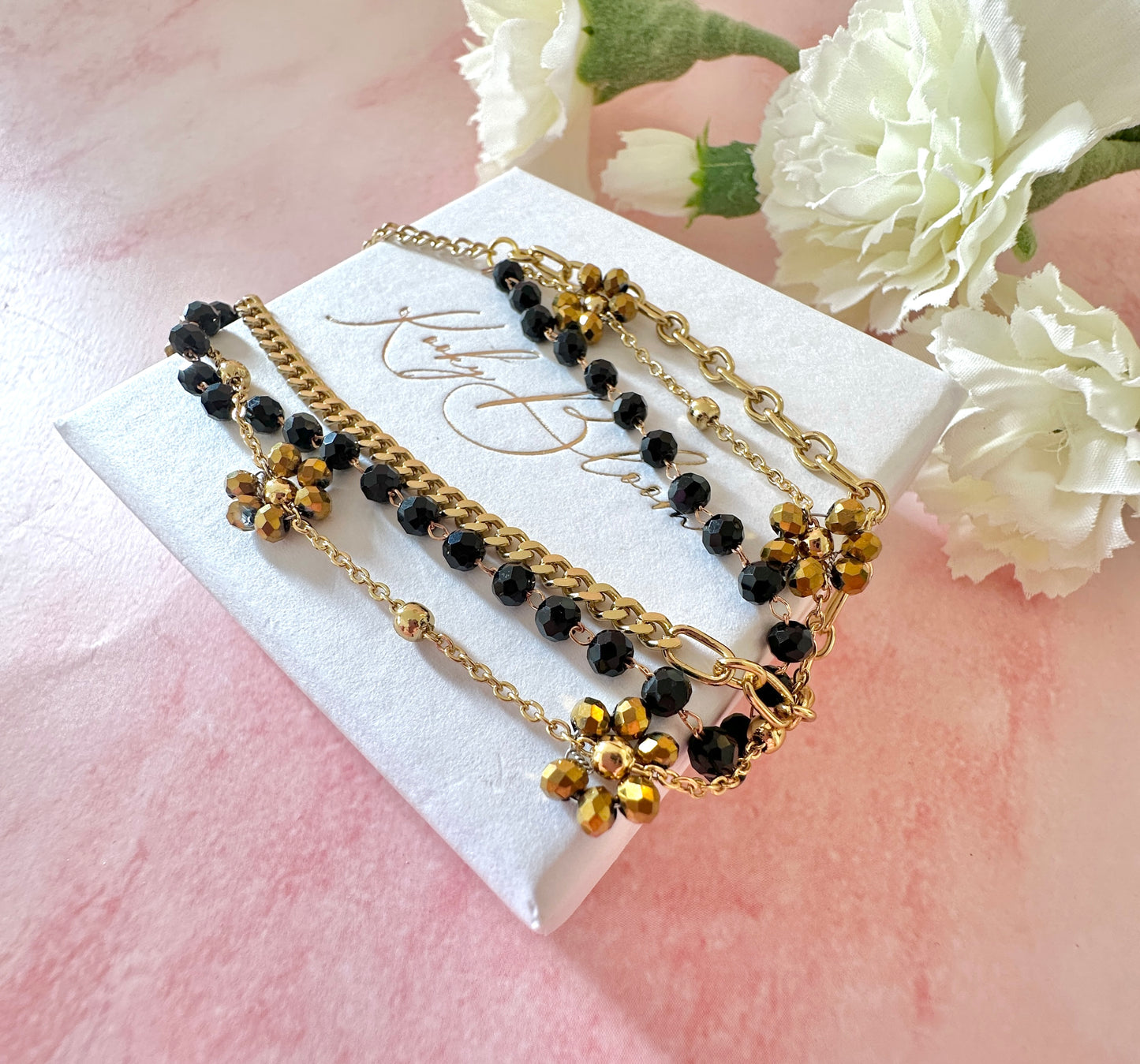 Gold & Black layered beaded Flower bracelet.