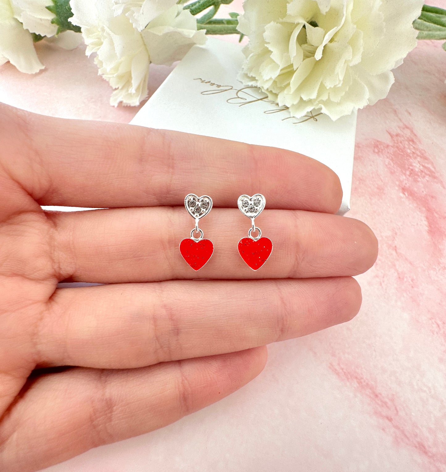 925 Sterling silver Red Diamanté Heart stud Drop earrings.