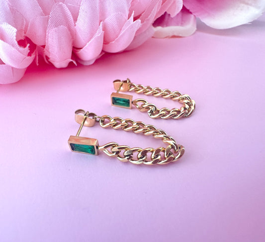 Gold Green Stone chain loop earrings.