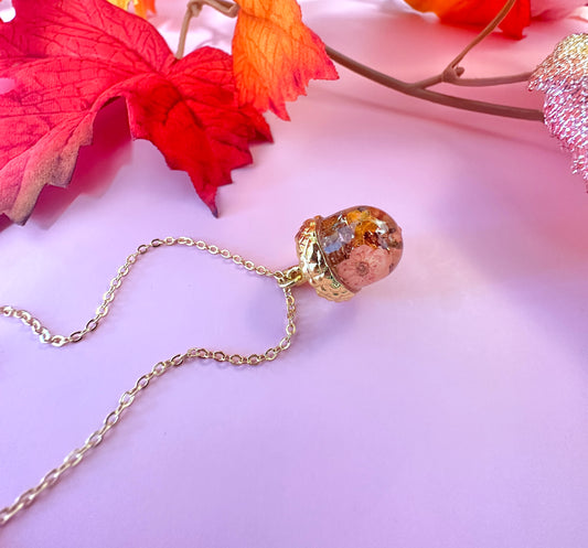 Gold Real flower & Autumn leaf Acorn necklace.