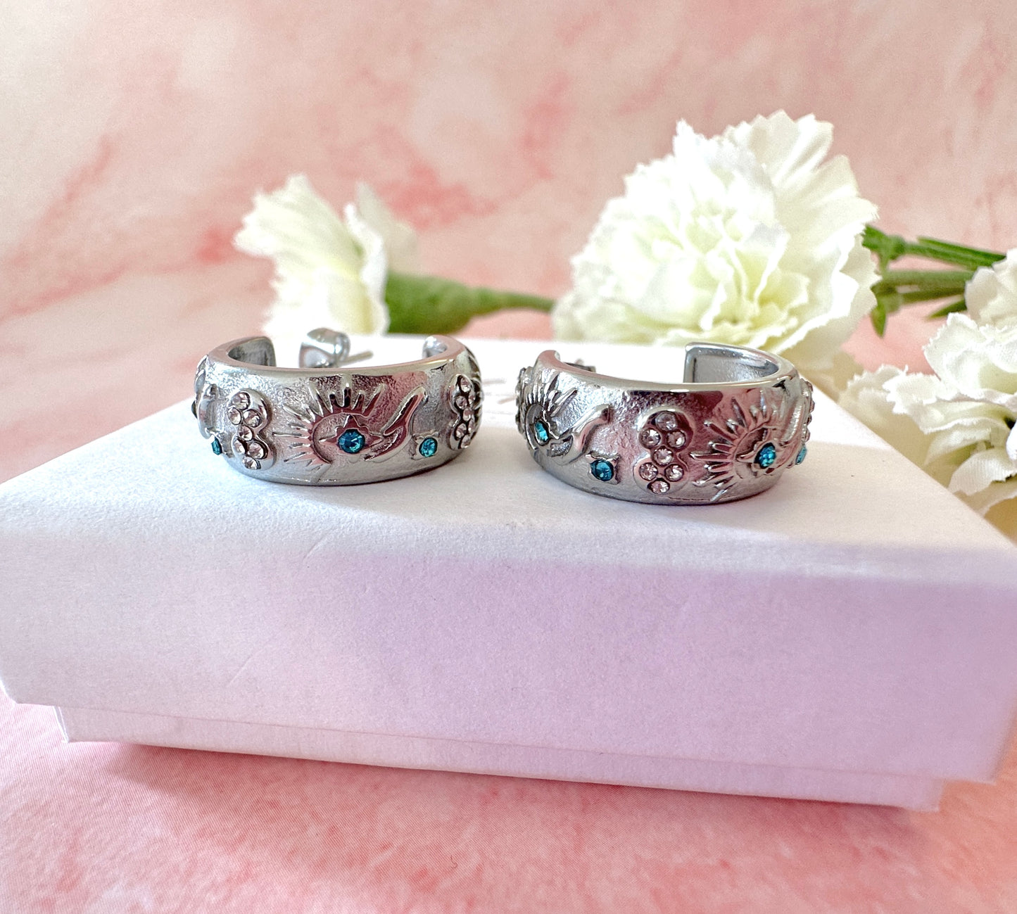 Silver Chunky Blue stone Celestial half hoop earrings.