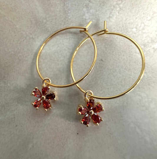 Dark amber CZ Flower Gold Hoop earrings.