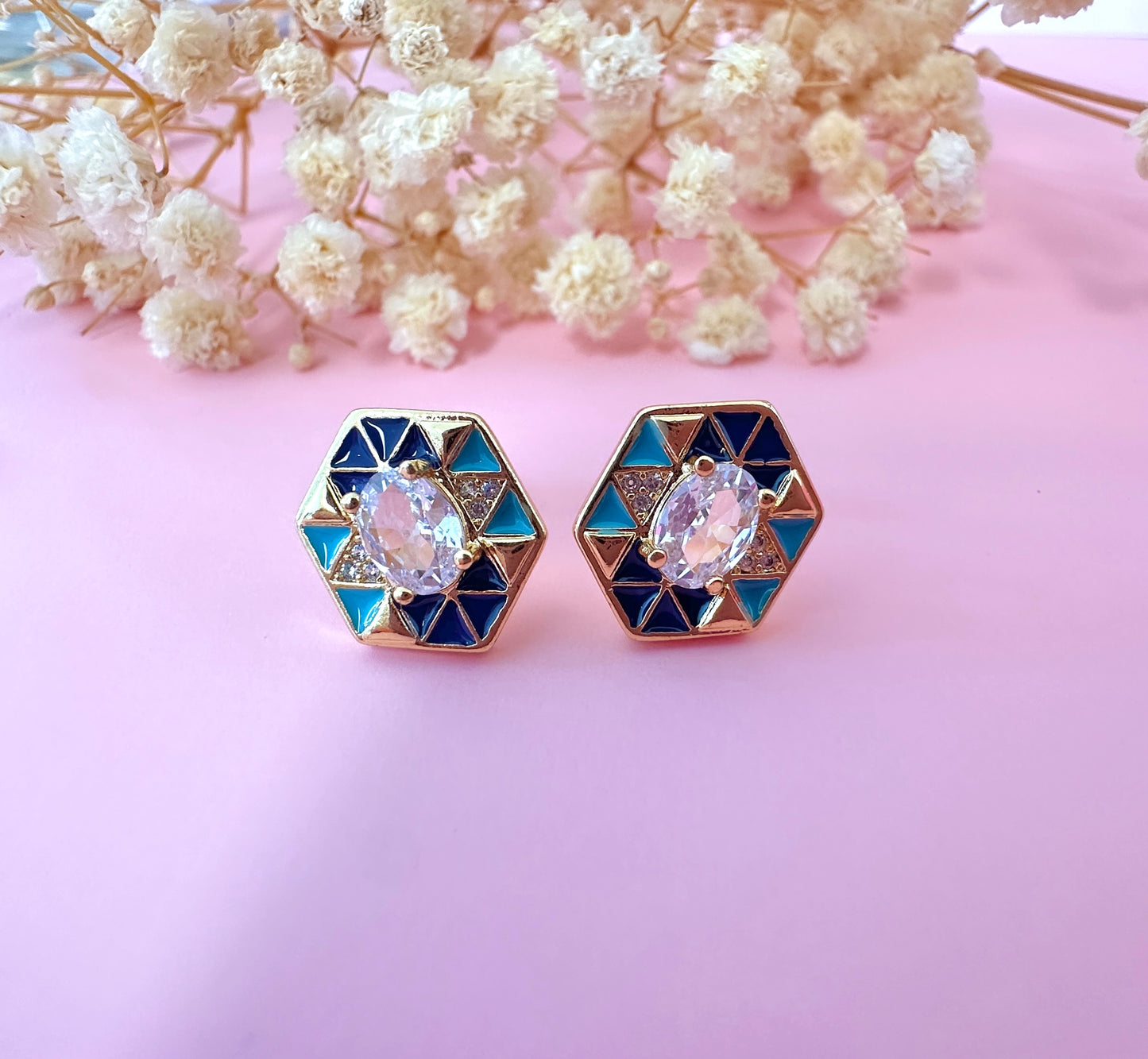 Gold Aztec Blue Diamanté stud earrings.