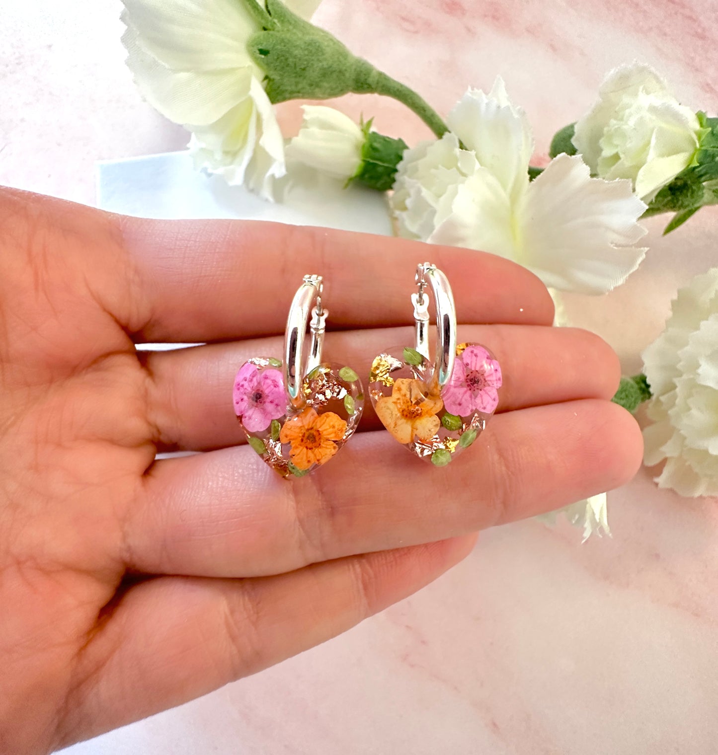 Mini Tangerine pink Flower Heart bloom earrings.