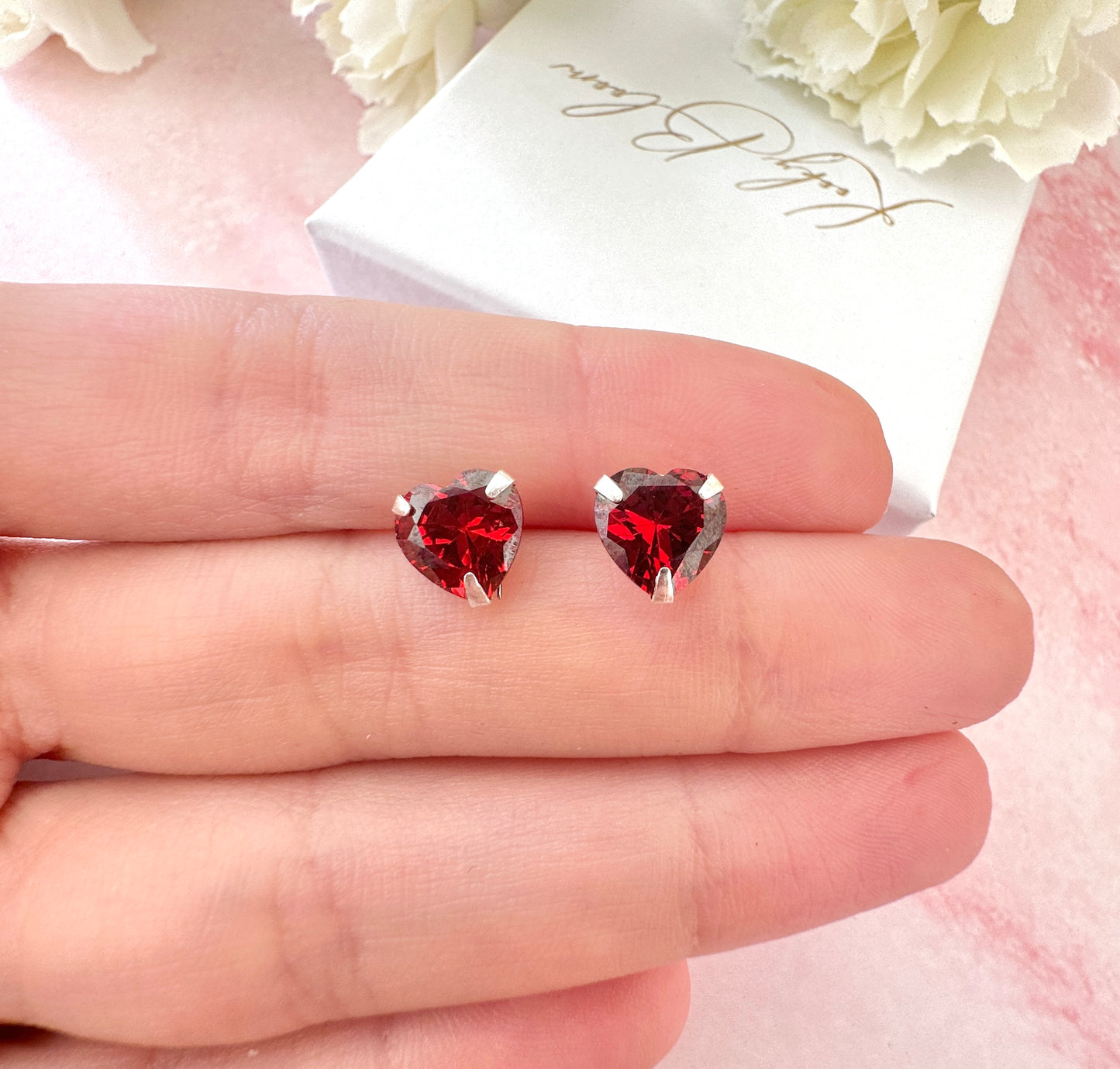 925 Sterling silver Red CZ Heart stud earrings.