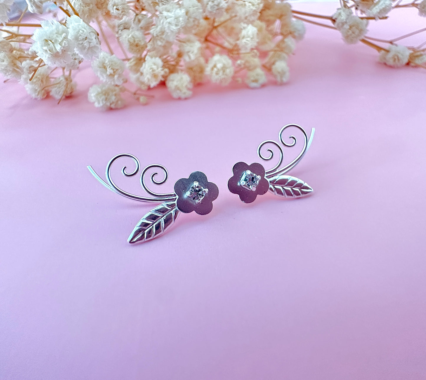 925 sterling silver CZ flower vine bar climber earrings.