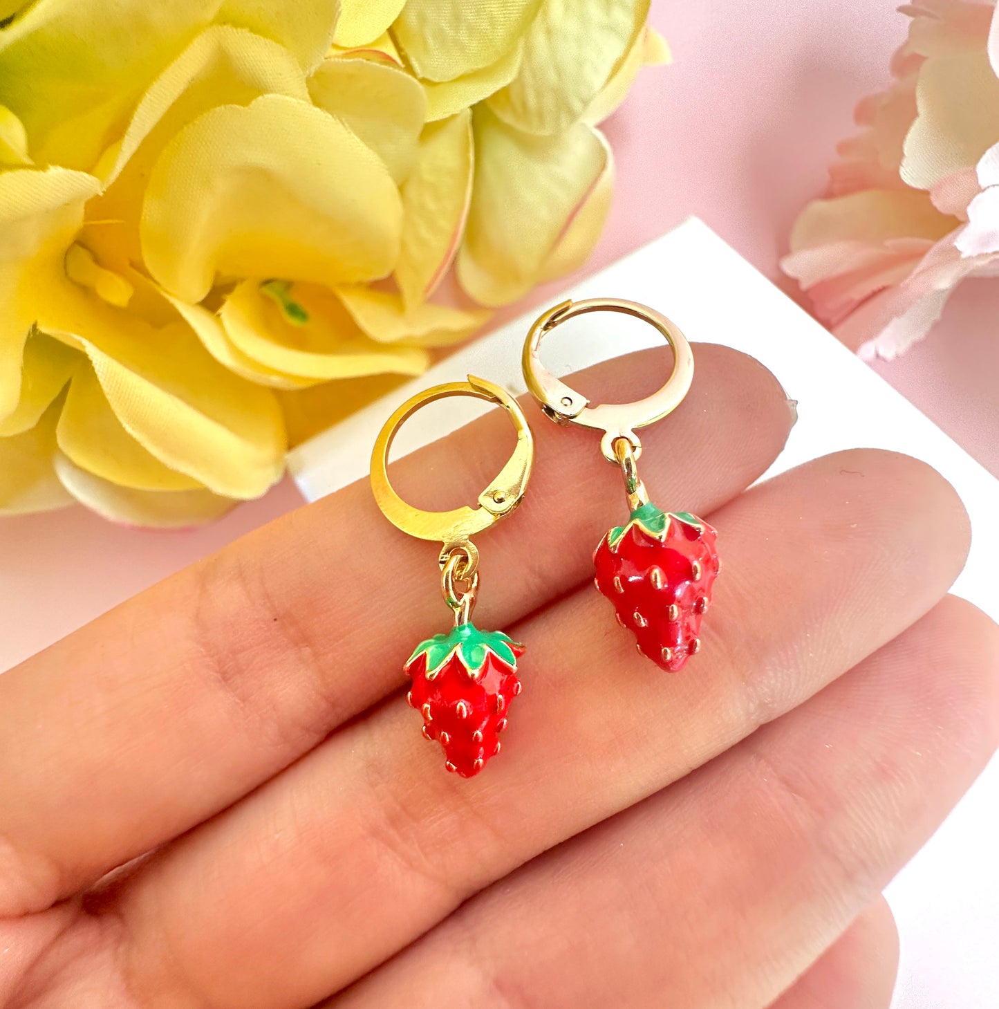 Tiny enamel Strawberry gold huggie earrings.