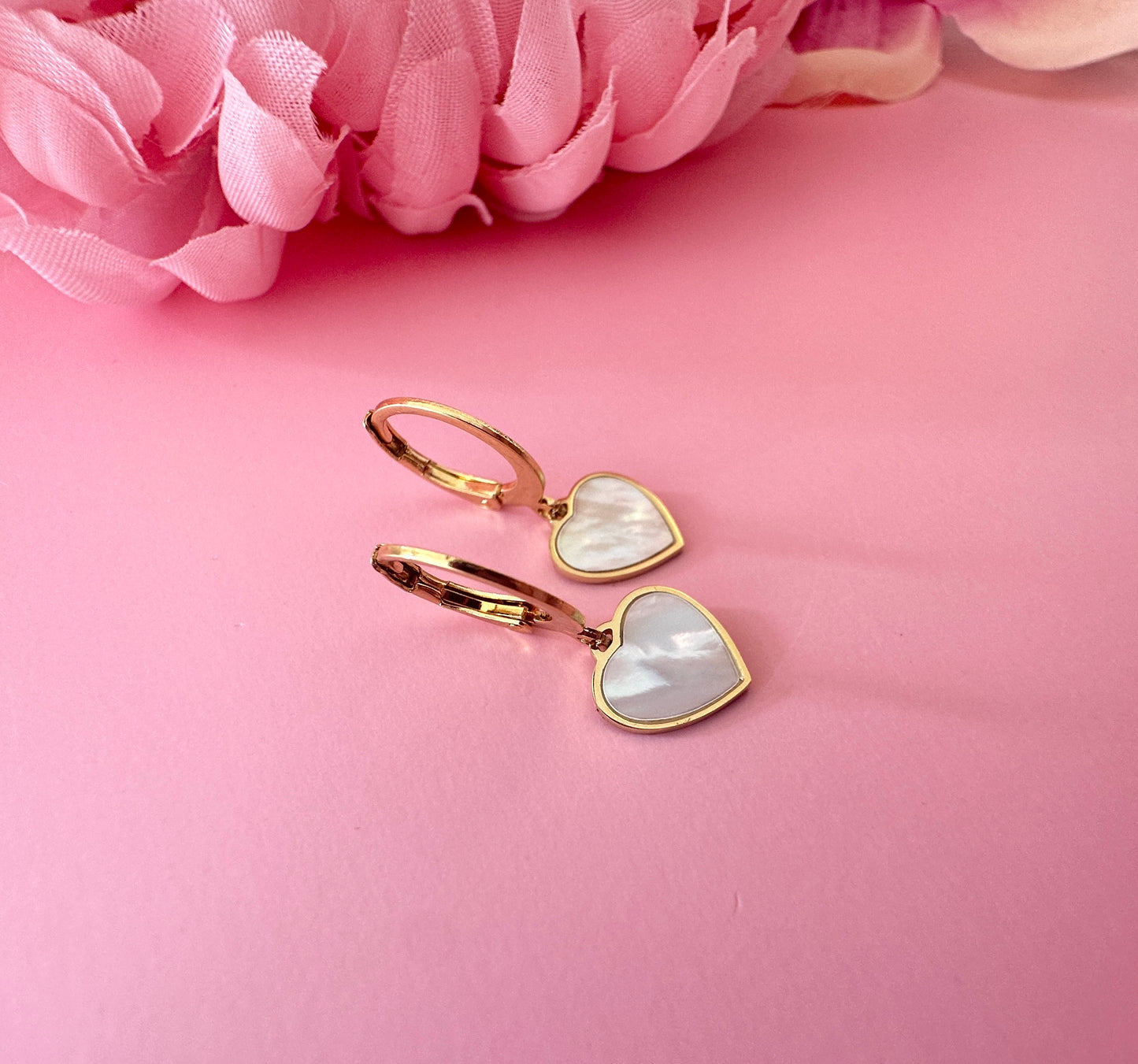 Gold Pearl Heart huggie earrings