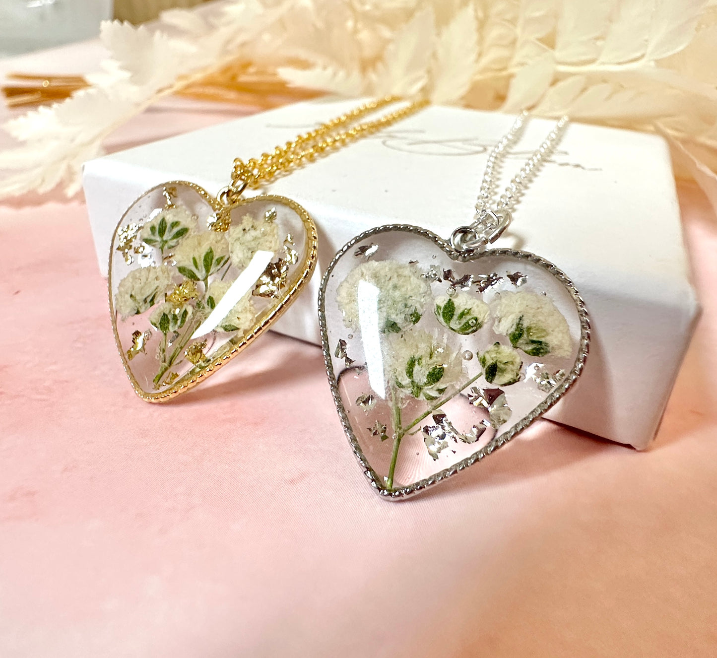 Gold Gypsophila flower Heart necklace.